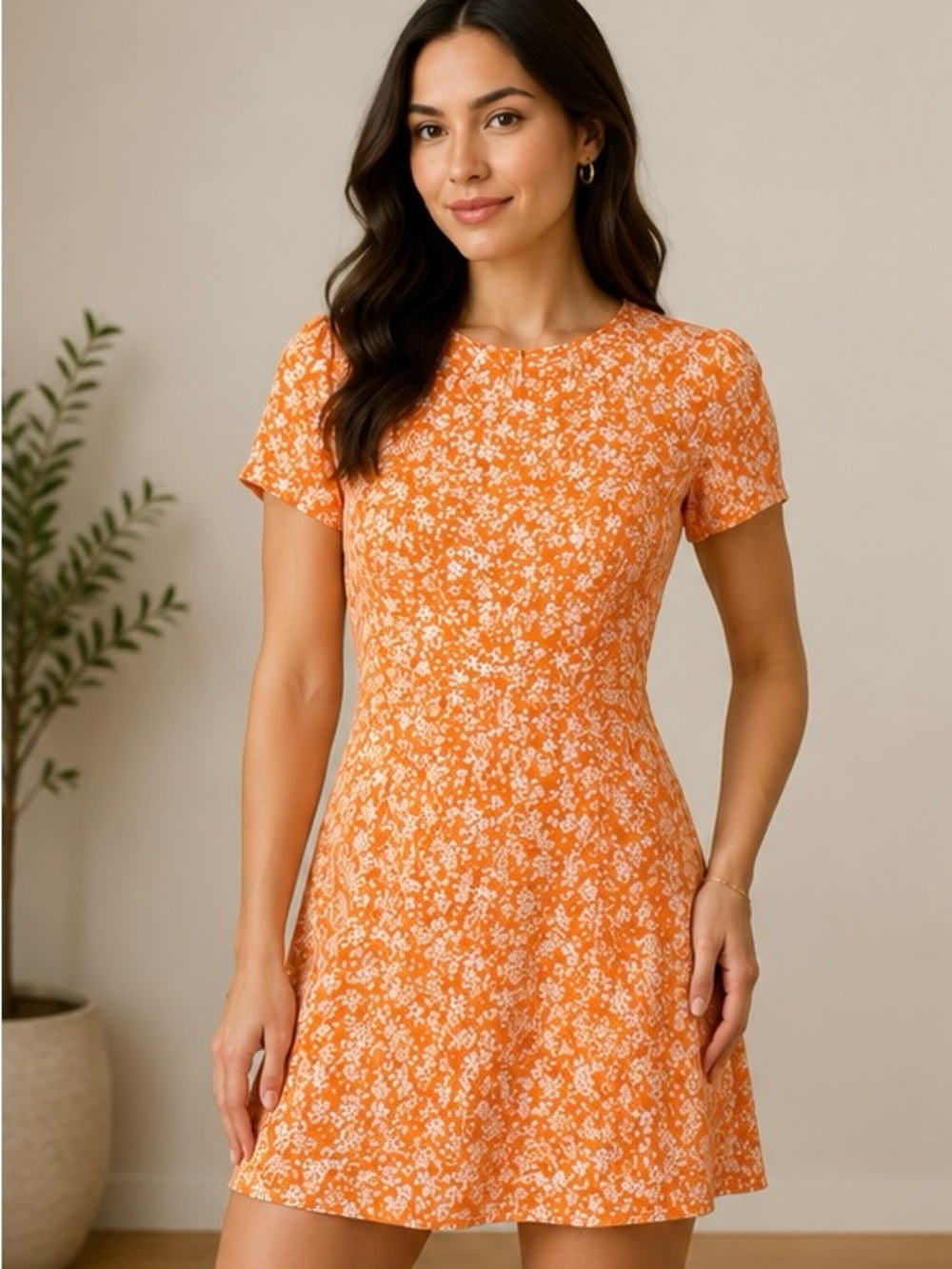 Dynamite Orange Floral Mini Dress Women’s Medium Short Sleeve Summer Dress